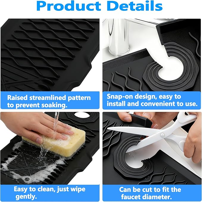 24 Inch Silicone Faucet Mat for Kitchen Sink, 7° Slope Fast Self-Draining Sink Splash Guard, Kitchen Sink Water Catcher Organizer, Kitchen Sink Accessories (Black, 24''x5.6'') - Image 7