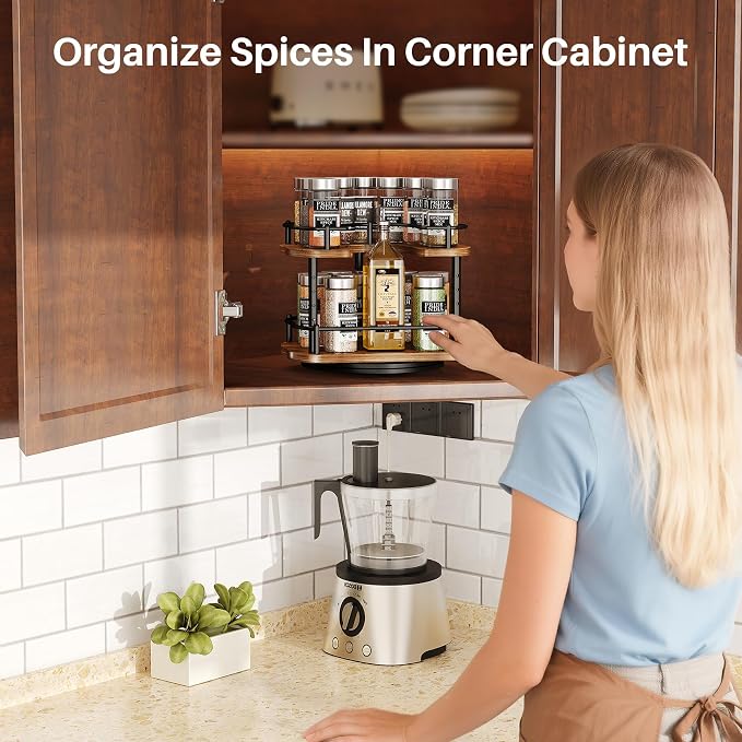 SNTD Lazy Susan Spice Rack Organizer for Cabinet, Wood, Vintage, 9 in | Rotating Turntable, Height Adjustable, Space-Saving D-Shape Design, Revolving Spice Storage for Kitchen Countertop Pantry - Image 2