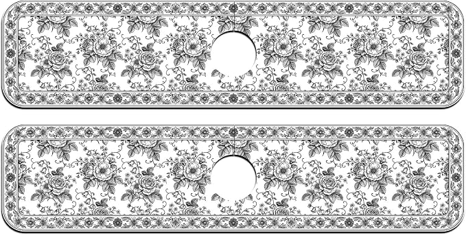 2 Pcs Black Flower Kitchen Sink Splash Guard Faucet Mat | Black Sketch Flowers Pattern Faucet Mat for Sinks Absorbing Drying Mat for Kitchen Bathroom 23.6x5.5in - Image 8