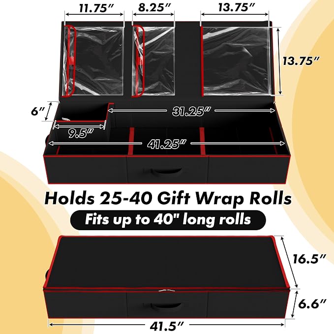 Simple Houseware 41.5" Wrapping Paper Organizer, Fits 40 Rolls, Black | Adjustable Straps, Interior Divider for Ribbons & Bows, 3 Clear Pockets for Gift Bags & Tools, 41.5"L x 16"W - Image 2