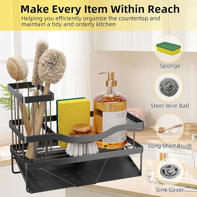 Sponge Holder for Kitchen Sink, Mecyfaty Sink Caddy with Self Drain Tray, Kitchen Sink Organizer, Stainless Steel Countertop Sink Sponge Holder for Dish Soap Kitchen Organizers and Storage Accessories - Image 3