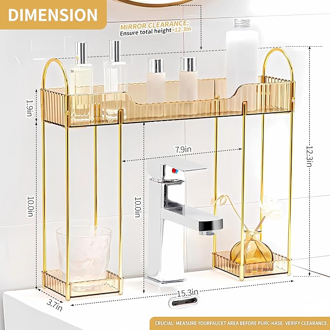 YCIA&DONE Bathroom Countertop Organizer Over The Faucet, Narrow Counter Organizers Above Sink, Table Mounted Faucet Sink Shelf for Kitchen, Toilet, Laundry(Amber Gold) - Image 2