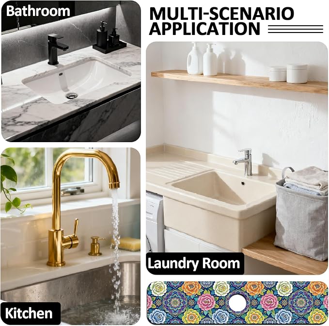 2 Pcs Kitchen Sink Splash Guard Faucet Mat Vintage Florals Faucet Mat for Sinks Bohemian Flowers Absorbing Drying Mats for Kitchen Bathroom, 23.6x5.5inch - Image 7