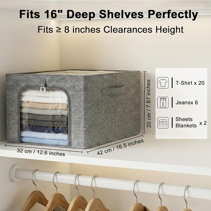 GoMaihe Baby Clothes Storage Bins with Metal Frame 27L 3-Pack Grey | Kids Toddler Child Clothing & Towels Small Items, Closet Top Shelf Boxes, Collapse-Proof Stackable, Clear Window Dual Access - Image 2