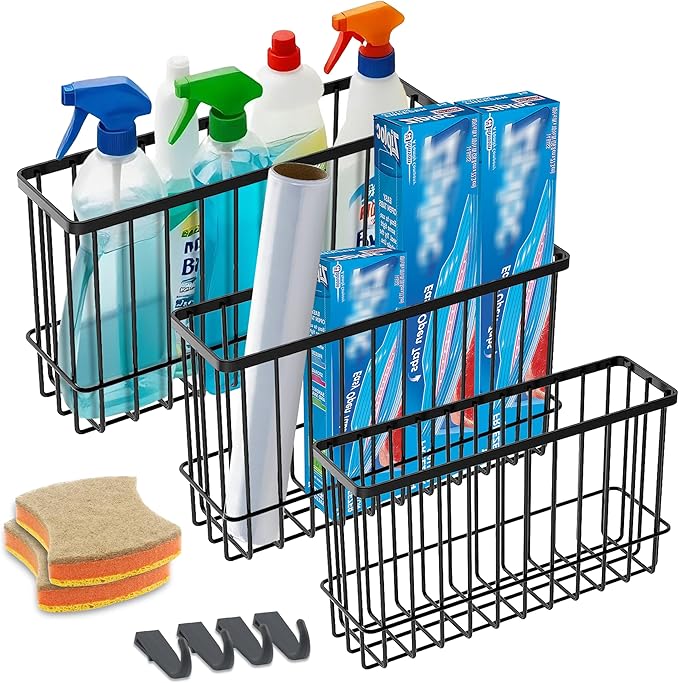 Kitchen Cabinet Door Organizer 3 pack, Lid Organizers Inside Cabinet with 2 Sponges, Foil and Plastic Wrap Organizer with 4 Hooks, for Aluminum Foil, Plastic Wrap, Black, (Small, Medium, Large) by FHJP