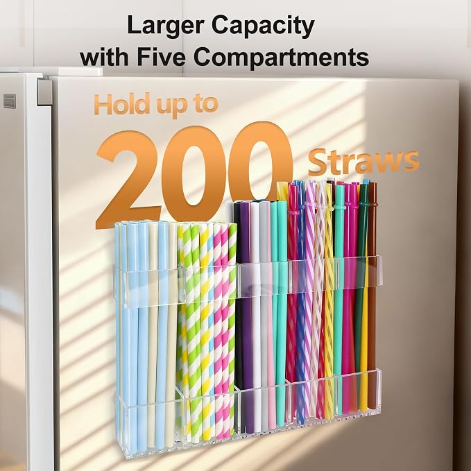 9.5” Large Acrylic Straw Holder for Cabinet Door, Adjustable Two-Part | Reusable Straws Organizer with Ultra Sticky Adhesive Strips, 2026 Straw Storage for Kitchen Cupboard (Transparent) - Image 3