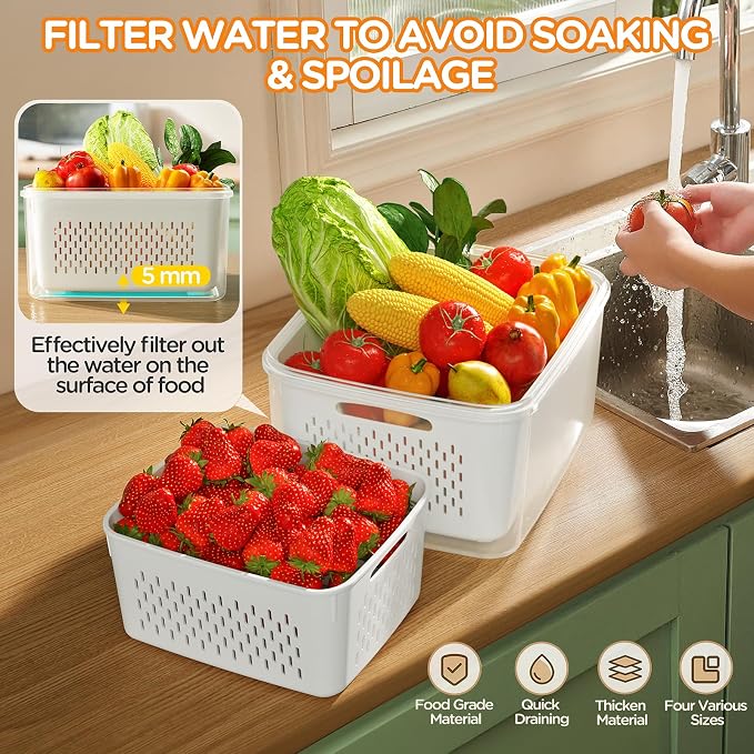 8-Pack Fruit Storage Containers for Fridge, Leakproof Fruit Containers for Fridge with Colanders, BPA-Free Produce Storage Containers with Lids Keep Fruits, Vegetables, Berry, Meat Fresh longer - Image 3