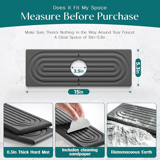 Faucet Mat for Kitchen Sink - Wider Diatomite Fast Drying Stone Sink Tray, Super Absorbent, Prevents Moisture Buildup - Faucet Splash Guard for Bathroom Counter (Dark Grey, 15x5.3inch) - Image 2