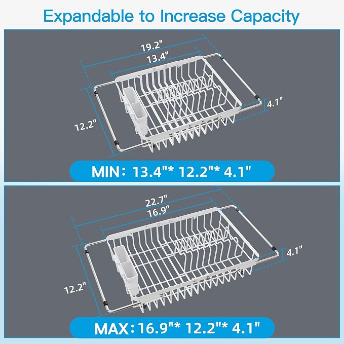 JASIWAY White Dish Drying Rack Over the Sink with Utensil Holder | Expandable Stainless Steel Dish Driainers for Small Kitchen, Counter Space Saving, Fast Drain, Rust Resistant, For Apartment - Image 4