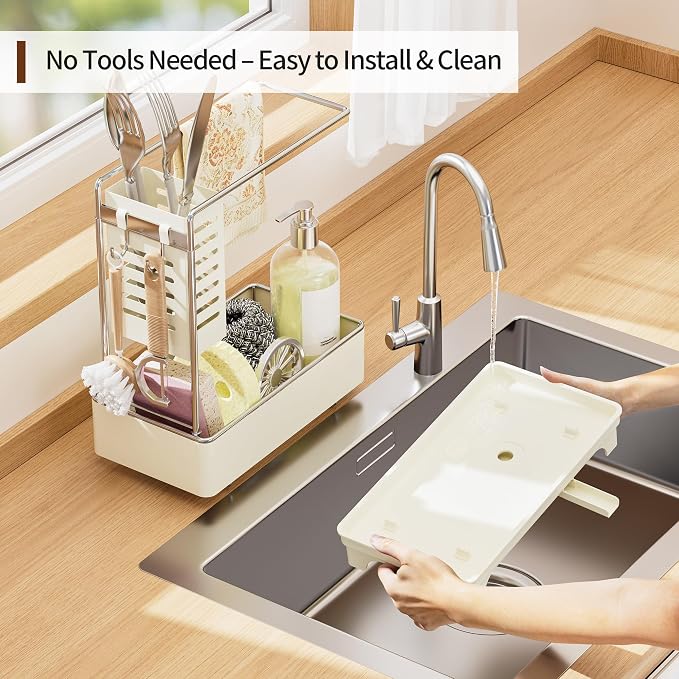 MOUKABAL 2-Tier Sponge Holder for Kitchen Sink Caddy Organizer,Off-white | Large Capacity/Rustproof Stainless Steel/360° Rotating Drain Keeps Counter Dry/Holds Sponge & Soap Bottle/Easy-Clean Tray - Image 6