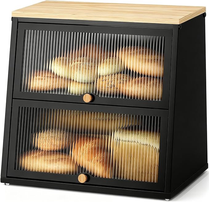 Urackify Bread Box for Kitchen Countertop – 2-Tier Bread Storage Container, Metal Breadbox with Acrylic Wavy Door, Wood Top, Magnetic Seal, Anti-Slip Base, 14.96x9.84x13.78 inch, Black by Urackify