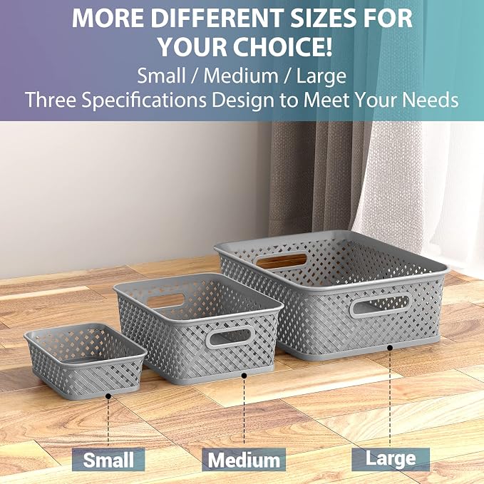 MaxGear 3 Pack Plastic Storage Baskets, Small, Grey | Durable Woven Plastic with Built-In Handles, Suitable for Shelves, Closets, Cabinets, Bathrooms and Offices - Image 7