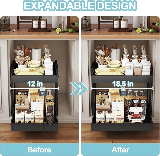 2-Tier Expandable Pull Out Cabinet Organizer, Cabinet Drawers, 21"D | Cabinet Pull Out shelves, Adjustable Pantry Drawers, Slide Out Drawers for Kitchen Cabinets, Under Sink Organizer,Large Black - Image 3