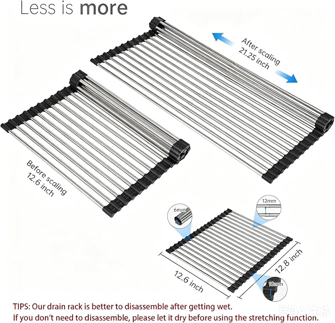 Expandable Roll Up Dish Drying Rack Over The Sink Rack, Foldable Dish Drainer Rack Stainless Steel for Large Sink, Silicone Rollable Collapsible Rack 18 Tube for Kitchen(Sliver,12'' to 21.14”) - Image 3