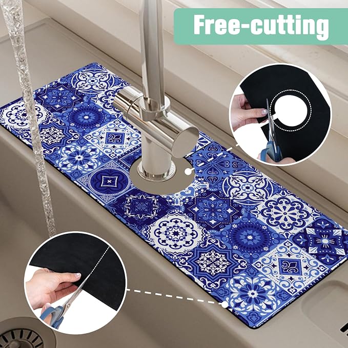 Kitchen Sink Splash Guard Faucet Mat 24" X 5.5" Talavera Mexican Tiles Absorbent Fast Drying Mat Faucet Draining Mat Sink Splash Guard Behind Faucet Drip Catcher for Kitchen Bathroom - Image 5