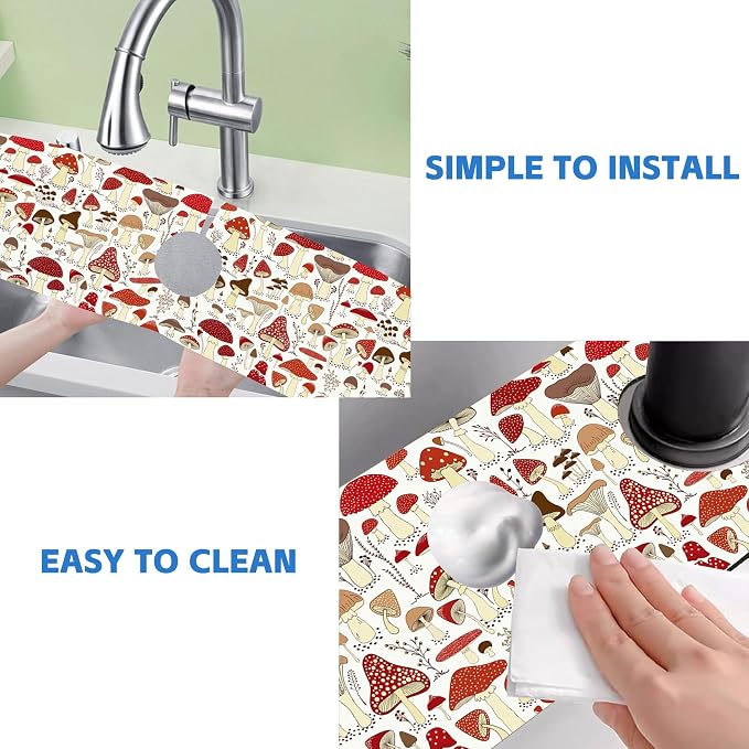 Cartoon Mushrooms Dish Drying Mat for Kitchen Sink Splash Guard Behind Faucet Sink Mat Absorbent Fast Drying Faucet Draining Mat for Bathroom Kitchen 5.5"×24" - Image 5
