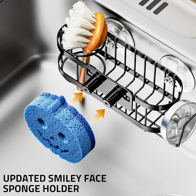 Cisily Sponge Holder Smiley Face, Sink Caddy for kitchen Sink, Kitchen Organizer Sponge Holder with 2 PCS Suction Cups and Adhesive Strips, Designed for Sponge, Soap, Dish brush, Scrubber-Black - Image 2