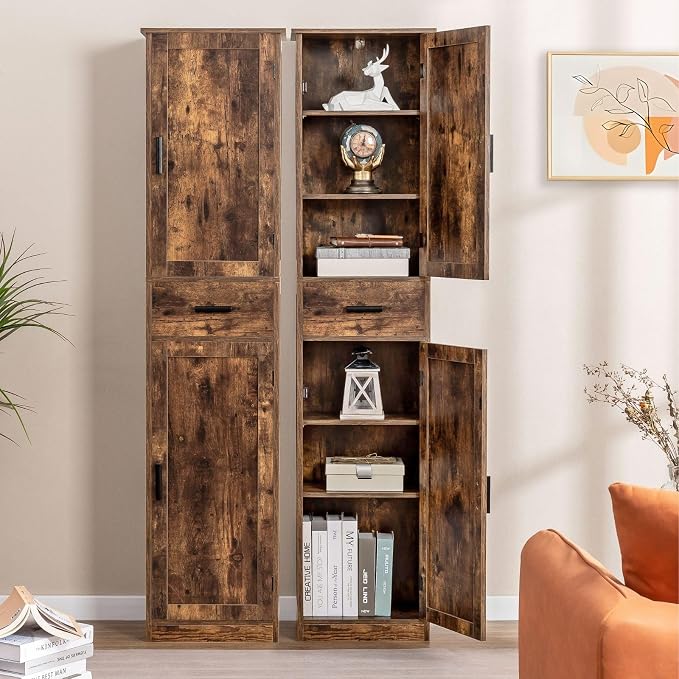 usikey 67'' Tall Storage Cabinet with Adjustable Shelves & 2 Doors, Bathroom Cabinet with 1 Drawer, Narrow Tall Cabinets for Living Room, Home Office, Rustic Brown - Image 2