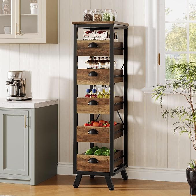 Tribesigns 5-Tier Kitchen Stand Fruit and Vegetable Storage Rack Set of 2 | 5-Tier Narrow Wood Corner Snack Stand Fruit Basket, Pull-Out Utility Organizer for Kitchen, Living Room, Rustic Brown - Image 5