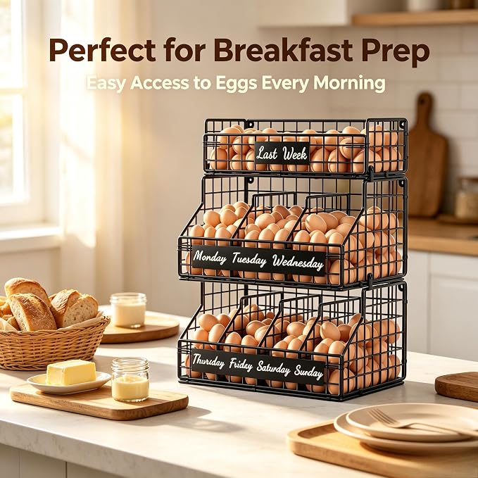 Egg Holder Countertop, Large 3T Chicken Egg Basket for Gathering Fresh Eggs | Egg Storage Organizer with Adjustable 5 Divider & Label, Stackable Wall Mounted Egg Collecting Basket Rack, XXL Black - Image 5