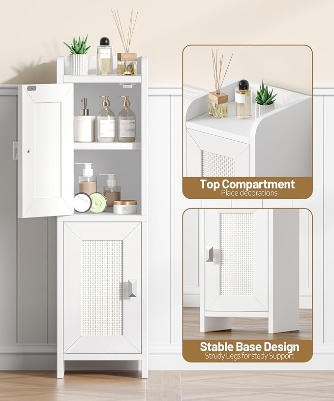 Akxomel Rattan Small Bathroom Cabinet Narrow Toilet Paper Organizer White | 7.9''D x 7.9''W Bathroom Organizer and Storage Cabinet for Small Space, Slim Corner Unit with Adjustable Shelf - Image 6