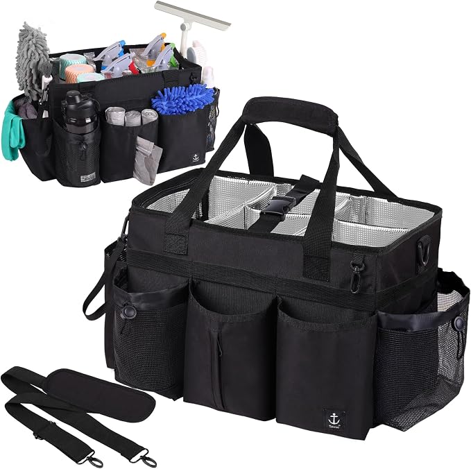 Large Cleaning Caddy Bag Built-in hard plastic sheet Aluminum foil lining | Waterproof nylon, aluminum foil lining, detachable dividers, dual straps for housekeepers by Timoxi