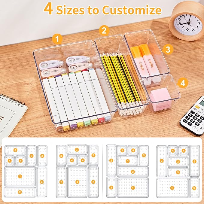 SMARTAKE 28 Piece Drawer Organizers with Non-Slip Silicone Pads, 4-Size | Clear Desk Bathroom Drawer Organizer Trays Storage Tray for Makeup, Jewelry, Utensils in Bedroom Dresser, Office and Kitchen - Image 8