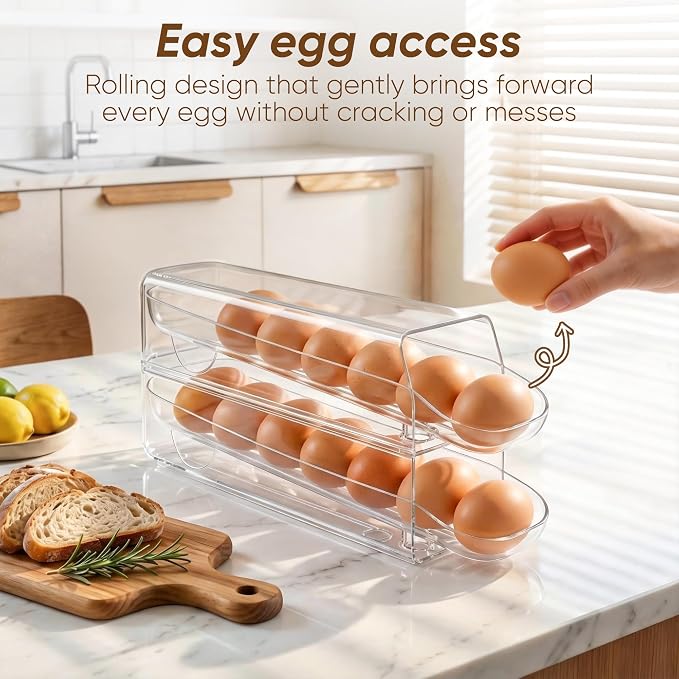theaoo Auto Rolling Egg Dispenser for Refrigerator with Quick Removable Inner Tray, Space-Saving Egg Organizer and Holder, Egg Storage Container for Fridge, Easy to Load and Grab Eggs (1 Pack) - Image 2