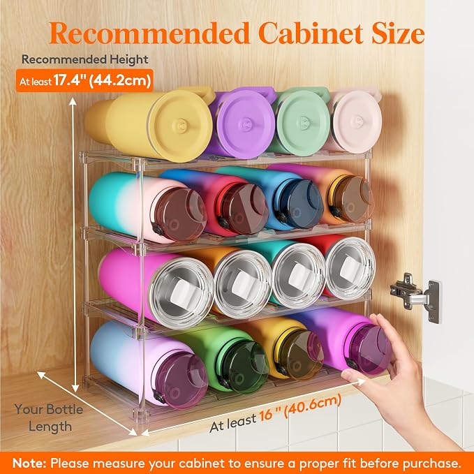 Lifewit Stackable Bottle Storage Organizer, Clear Freestanding Wine Holder for Cabinet, Large Slot Water Bottle Tumbler Organizer for Pantry, Plastic Wine Rack for Fridge Cellar, 4Tier Hold 16 - Image 3