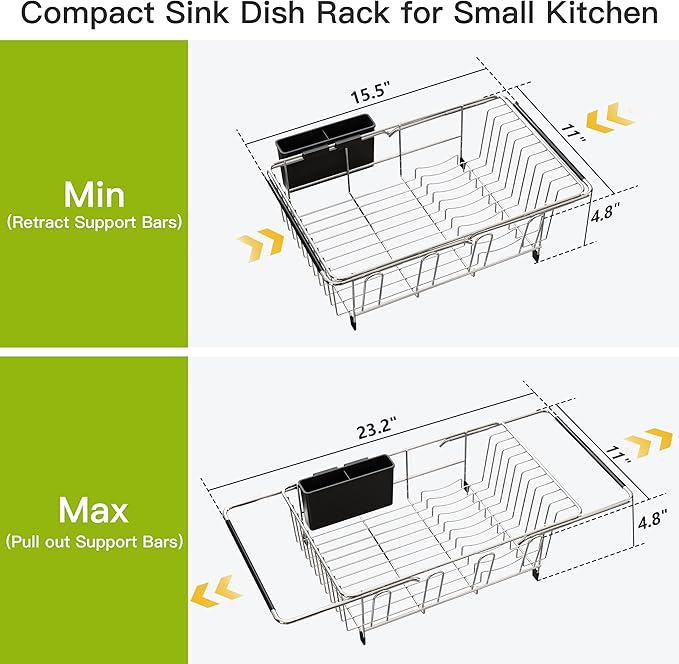 JASIWAY Dish Drying Rack in Sink, Dish Drainer with Cup and Utensil Holder | Over The Sink Expandable Stainless Steel Strainer Dryer Rack for Small Kitchen, Counter Space Saving, Fast Drain, Rustproof - Image 4