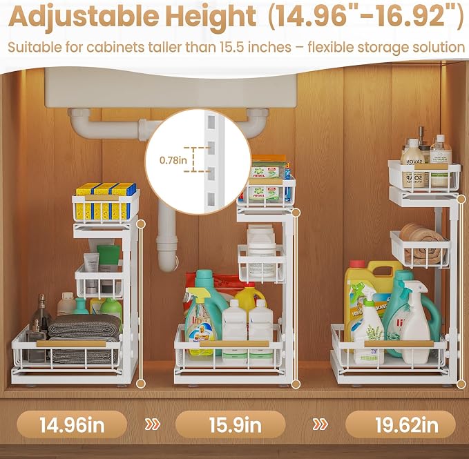 Under Sink Organizer and Storage for Bathroom and Kitchen - 2 Pack 3 Tier | Under Cabinet Pull Out Shelf Organizers - Slide Out Drawer Organization for Home Cabinets Shelves and Drawers - Image 8