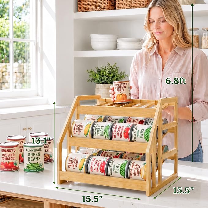 HOMESTEAD Bamboo Can Organizer for Pantry - 3 Tier Rack with Adjustable Dividers, Gravity Feed Canned Goods Organizer, 36 Cans Soda Storage - Image 2