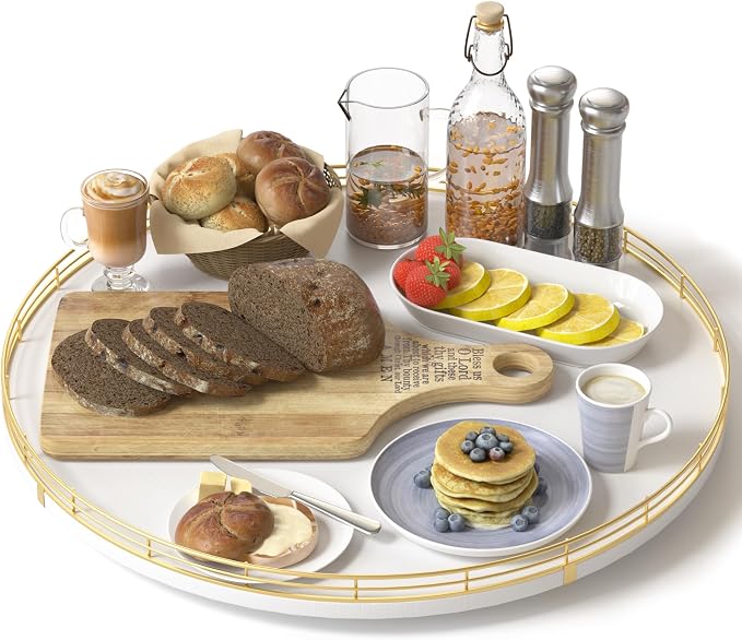 Oroyutor 16-Inch Oak Lazy Susan with Gold Rail and White Finish | Oak wood base, gold metal rail and smooth 360-degree rotation for dining tables, kitchen counters and spice storage. by Oroyutor