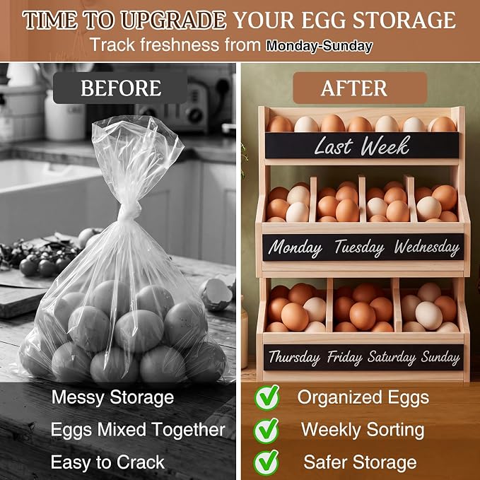 Leinuosen Wooden Egg Holder Countertop with 5 Dividers & DIY Freshness Labels to Separate, 3-tier Wood Egg Storage Basket Organizer, Large Farmhouse Kitchen Counter Display Rack - Image 6