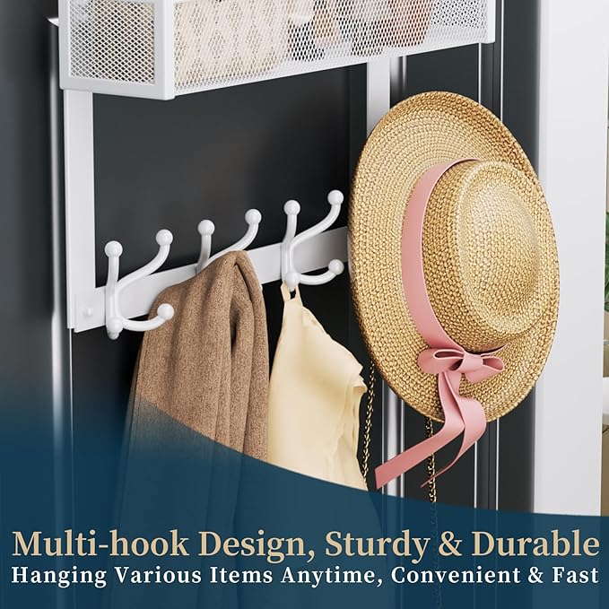 Consumest Over The Door Hooks Organizer - 2 Tier Over Door Hanger with 16 Hooks & 2 Baskets for Hanging Coat, Clothing, Towel, Back Storage for Bathroom, Closet, College Dorm, White - Image 4