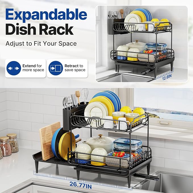 Urackify Dish Drying Rack for Kitchen Counter, Expandable 2 Tier Dish Rack, Large Capacity Dish Drainer with Drainboard Multifunctional Dish Strainer with Removable Cutlery Holder Black | 2 Tier. Expands from 16.9 to 26.6 inches to fit more dishes, wit... - Image 4