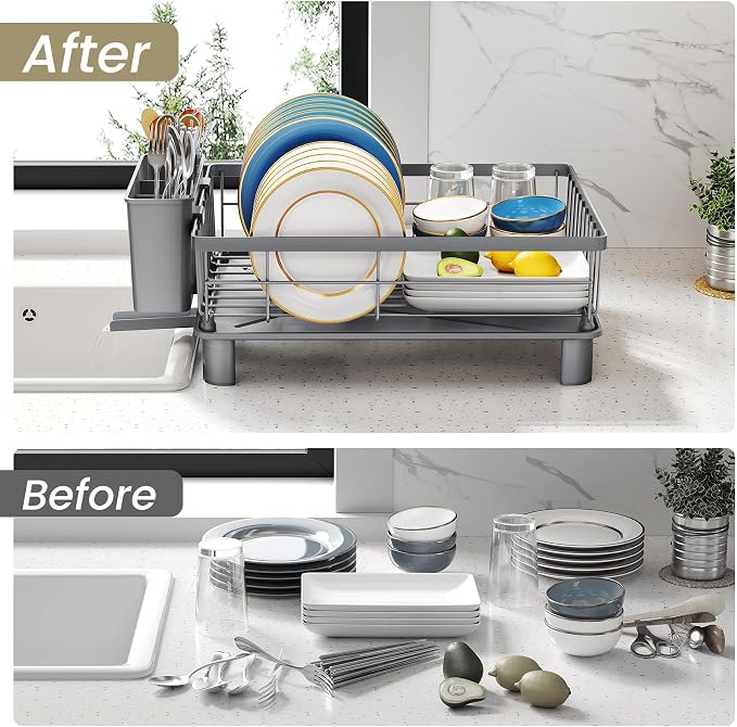 SNTD Dish Drying Rack for Small Kitchen Counter, 11" W x 15" L, Grey | Space Saving, Rotating Spout & Angled Drainboard for Quick Drainage, Stainless Steel, Removable Utensil Holder - Image 8