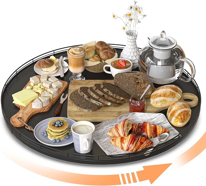 Oroyutor 21-Inch Extra Large Oak Lazy Susan with Black Metal Rail | Rotating oak tray organizes spices, toiletries and decor on kitchen counters, bathroom vanities, dining and coffee tables. by Oroyutor