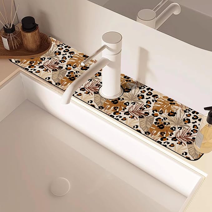 Kitchen Faucet Mat Brown Tropical Palm Leaf Sink Splash Guard Behind Faucet Draining Mat Kitchen Accessories Non-slip Easy to Clean for Bathroom & Kitchen 24"X5.5" - Image 5