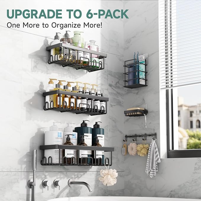 Veken Shower Caddy 6-Pack with Hooks, Bathroom Organizers & Storage, Black | Advanced Rustproof Design, Large Capacity, No Drilling, Adhesive Shelves Rack, Wall-Mounted Kitchen & Home Decor - Image 5