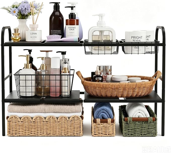 Expandable 2 Tier Under Sink Organizer, Black, 28.74-34.5 Inch Width | For Kitchen and Bathroom, 2 Storage Baskets, 6 Removable Panels, Adjustable Height Metal Shelf, Fits Pipes - Image 7