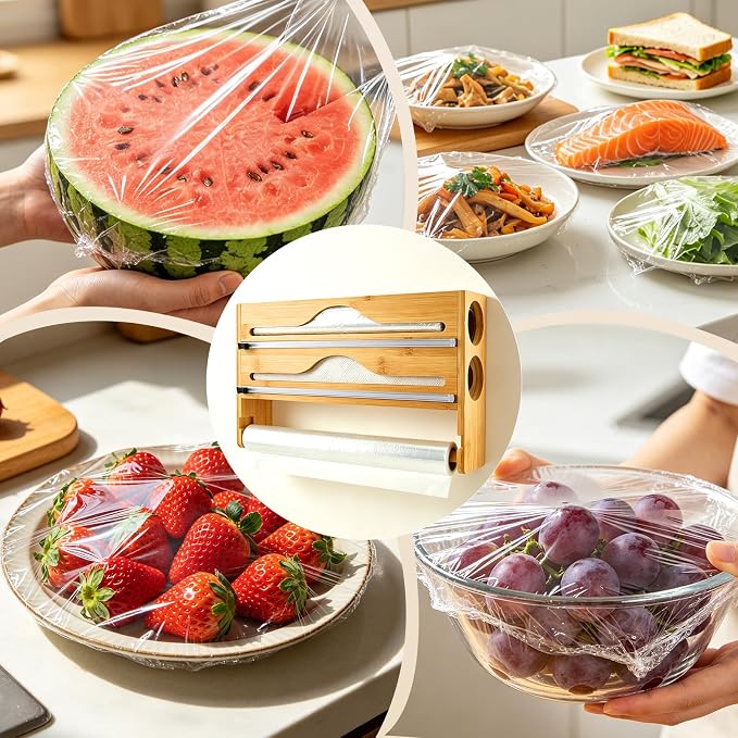 Plastic Wrap Dispenser with Cutter, 3 in 1 Tin Foil Wrap Dispenser Wall-Mounted Organizer for Baking Paper, Wax Paper Holder Kitchen Storage Box (Wood) - Image 8