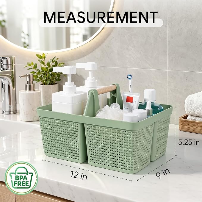 UUJOLY Portable Plastic Shower Caddy Basket with Wooden Handle, Green | Divided Storage Organizer Tote for Bathroom, Dorm, College, Kitchen & RV – Lightweight, Easy-Carry Essentials Caddy - Image 6