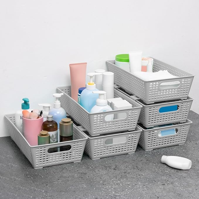 Tiawudi Stackable Woven Plastic Basket, Storage Bins for Cabinet, Closet, Shelf, Under Sink and Countertop, Pantry Organizer Bins, 6 Pack - Image 4
