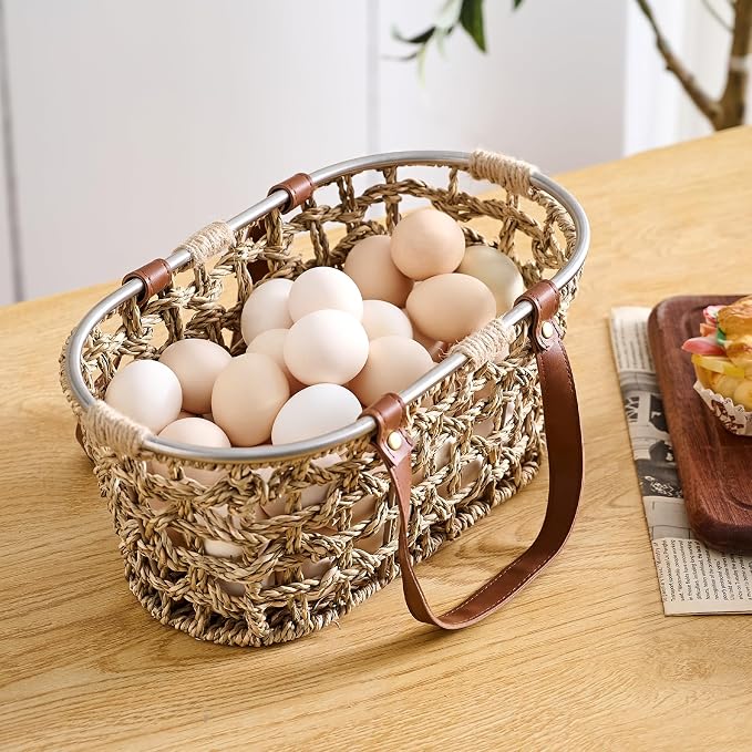 Farmhouse Seagrass Egg Baskets for Collecting Fresh Eggs Handmade Egg Collecting Basket Wicker Oval Storage Basket for Picnic, Harvest, Vegetable - Image 2