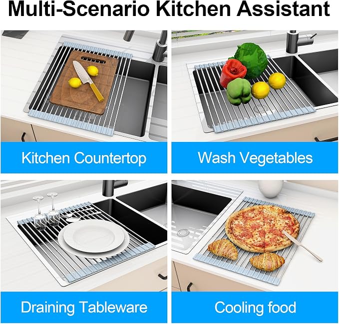 20.27 x 13.19 Inch Roll Up Dish Drying Rack, Expandable Over Sink Drying Rack 304 Stainless Steel Drainer for Counter Kitchen Home RV Essentials Foldable Over Sink Drying Rack, Grey - Image 7