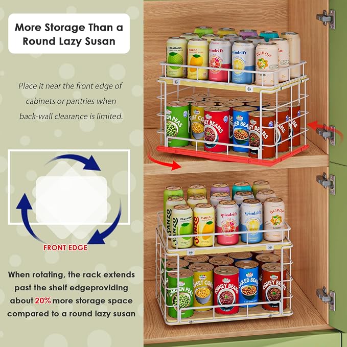 360° Rotating Lazy Susan Can Organizer for Pantry, Holds 26 Cans, White | 2-Tier Metal Wire & Wood Turntable Can Rack Holder, Storage for Canned Goods, Kitchen Pantry Cabinets & Countertops - Image 2