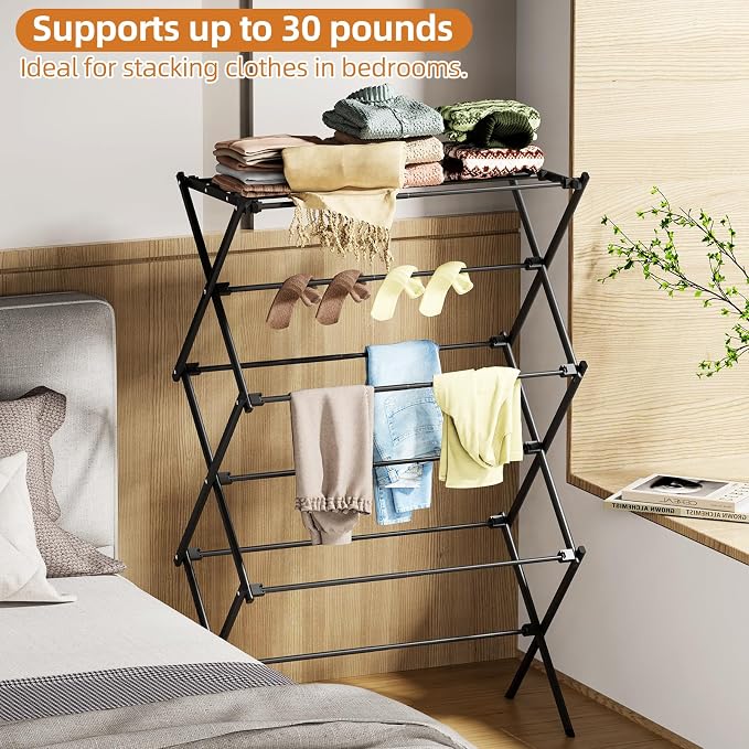 Drying Rack Clothing, 3-Tier Clothes Drying Rack Foldable, Antirust Laundry Drying Rack Collapsible Use for Indoor & Outdoor, 11.8" D x 34.6" W x 35.4" H, Black - Image 6