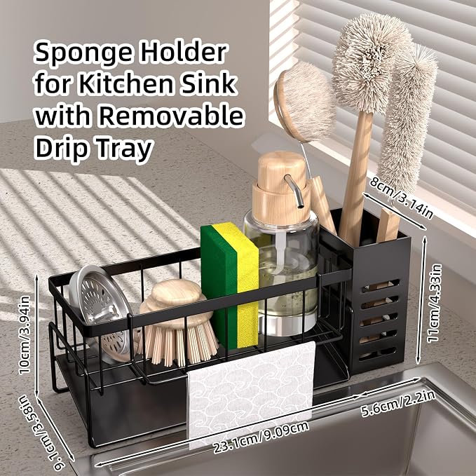 304 Stainless Steel Over Sink Caddy Sponge Soap Organizer Black | Auto sloped drainage with removable tray, 3 divided spaces for sponge & soap, rustproof steel, no installation needed - Image 2