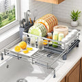 Expandable Dish Drying Rack for Kitchen Counter, Stainless Steel, Silver | Foldable Over Sink, Large Capacity, Rust-Resistant, Adjustable for Most Sinks, Automatic Drainage, Removable Utensil Holder by SAYZH